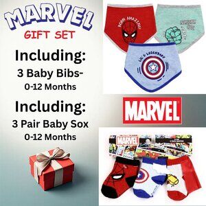 Marvel Boys Bib Socks Gift Set | 0-12M | Spiderman | Hulk | Capt America| 6 Pcs.